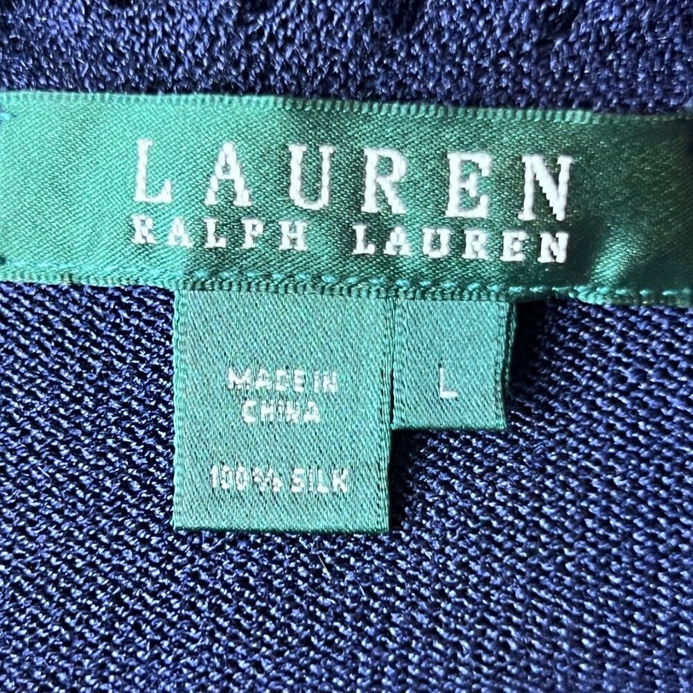 Ralph Lauren Womens Large Navy Ruffle V-Neck 100% Silk Preppy Classic Tank Top - Picture 4 of 11
